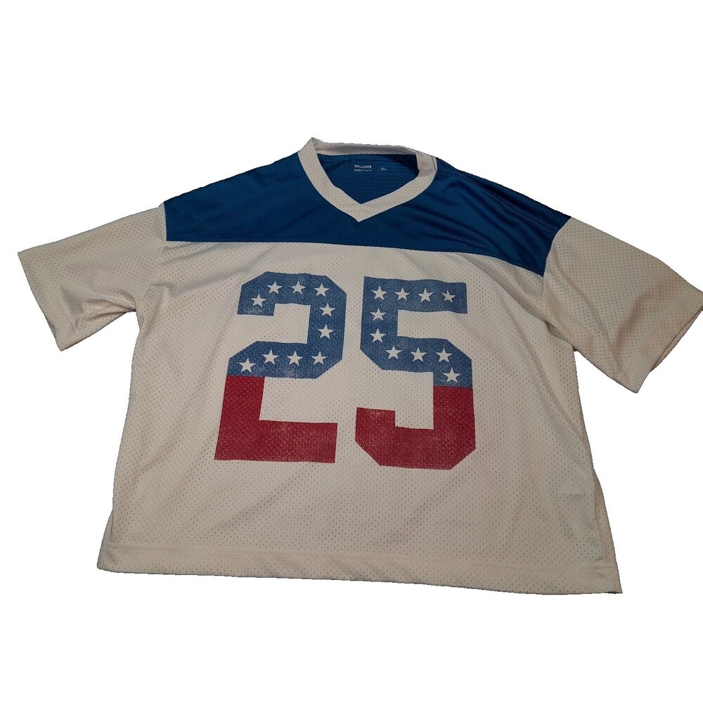Hollister Jersey L Red White Blue Baggy Crop Fit Americana Flag Football #25 Y2k
